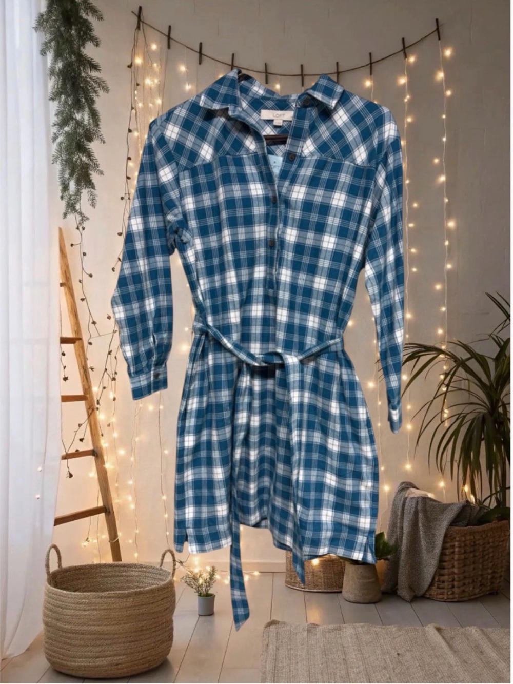 LOFT Teal and White Plaid Shirt flannel Dress with Waist Tie small petite NWT